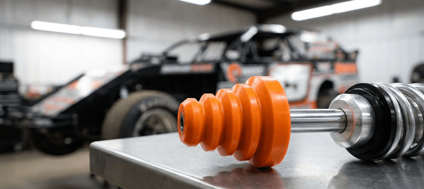 Orange christmas tree bump stop on a shock shaft with a dirt modified in the background