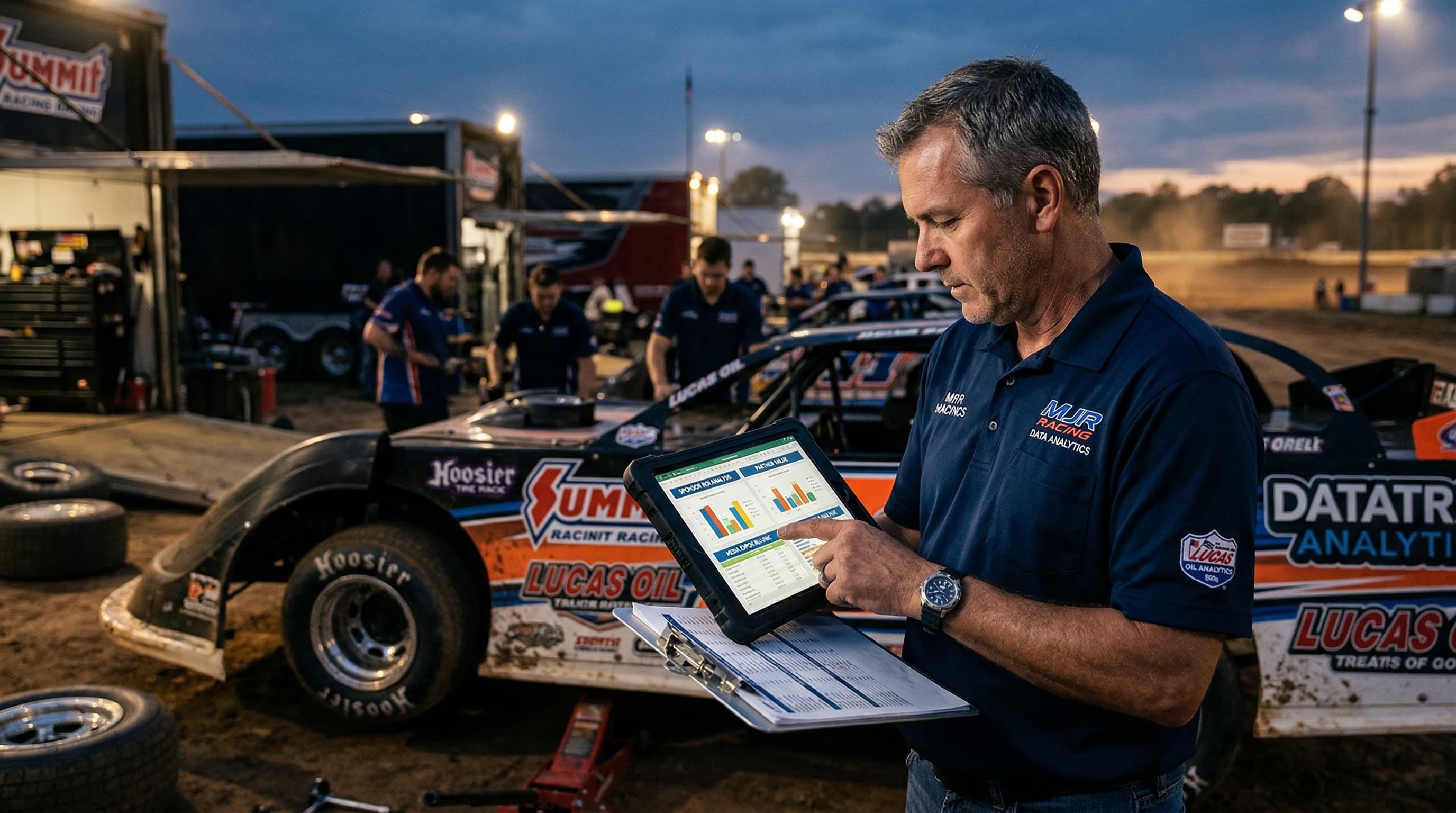 Race team manager reviewing sponsor ROI data on a tablet in the pit area