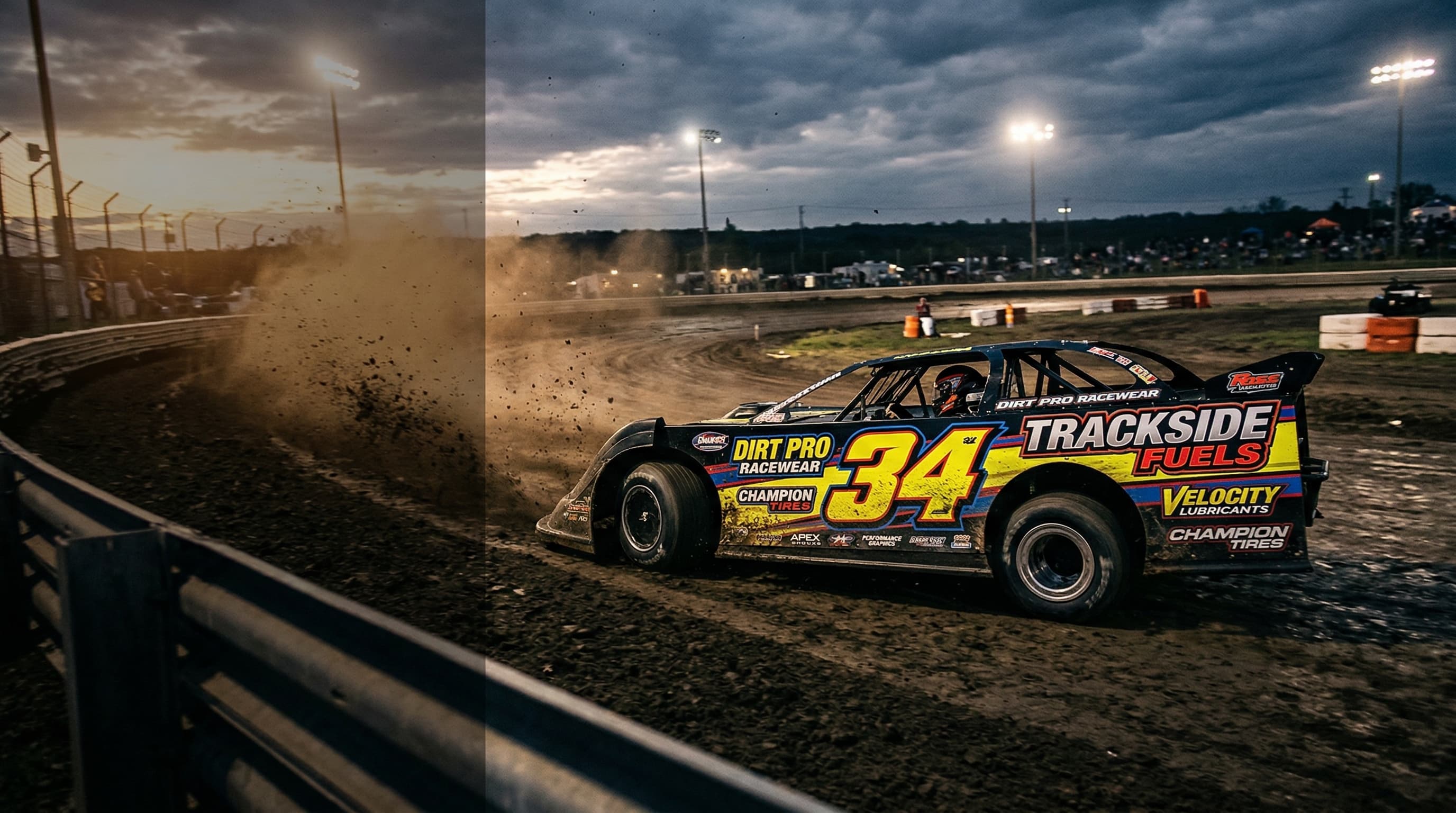 Dirt late model race car with sponsor logos sliding through a corner under the lights