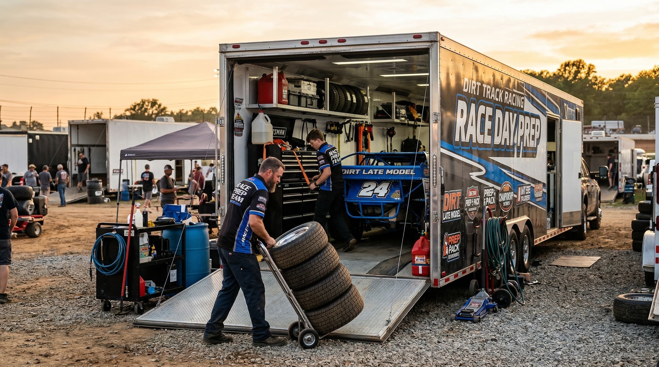 Race crew loading tires and gear into a hauler trailer at golden hour