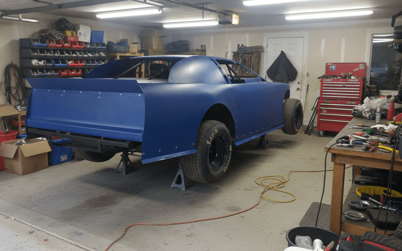 A dirt race car up on jack stands in a home garage during a washday inspection