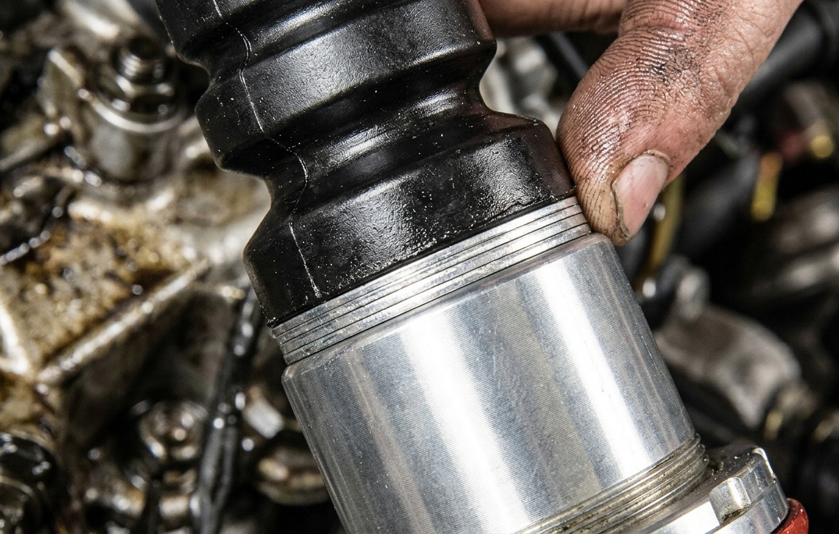 A worn, heat-cycled bump stop showing dry, darkened polyurethane from repeated use